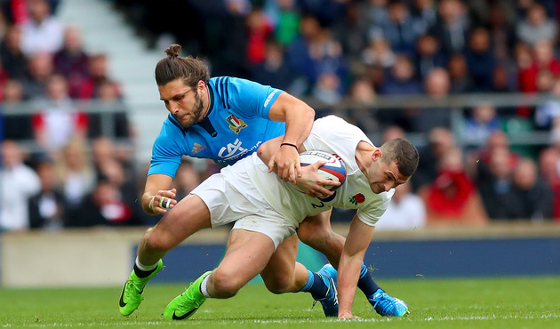 RBS 6 Nations Championship Round 3, Twickenham, London, England 26/2/2017 England vs Italy Italy's Giovanbattista Venditti and Jonny May of England Mandatory Credit ©INPHO/James Crombie